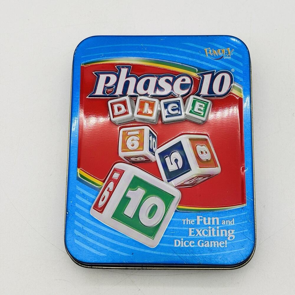 PHASE 10 Dice Game Fundex 2008 Blue Tin Complete w/ Instructions And Score Pad